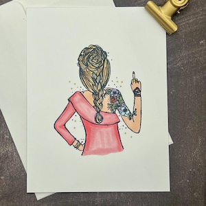 Cartes de correspondance pliées estampées à la main Tattoo Girl avec enveloppes | Cartes de correspondance vierges pliées à l'intérieur | Jeu de 8 cartes - Multicolore/Noir