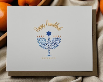 Elegant Blue Menorah Hanukkah Greeting Cards Set with Kraft Envelopes - Jewish Holiday Stationery