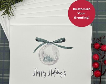 Personalized Watercolor Christmas Ornament Cards with Envelopes - Festive Forest Bauble A2 Set of 8