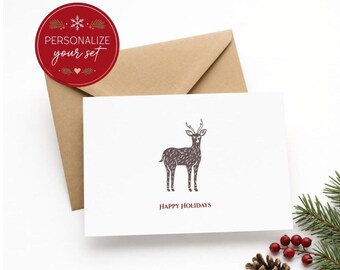 Woodland Deer Holiday Cards | Minimalist Happy Holidays Greeting Set (8 Cards) Personalization available