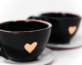 Espresso Cups - Set of 2 Espresso Cups and 2 baby blue saucers- Love of Espresso - 12K Gold Heart Espresso - Black Cups - Hold 2 Cups