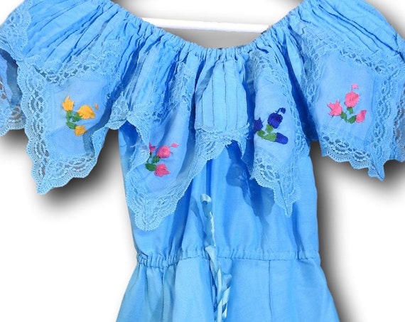 Blue Mexican dress with flowers