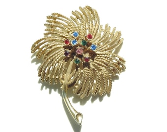Vintage Sarah Coventry Brooch – Elegant 1960s Floral Pin,  Gold Tone, Colorful Rhinestone Accents, Collectible Jewelry - Signed Sarah Cov