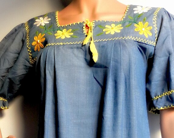 Blue jean maxi dress with embroidered flowers light full length chambray denim women floral long embroider and yellow boho clothing