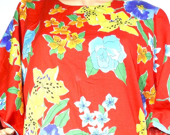 Red caftan beach caftan Hawaiian caftan floral caftan long boho vintage hawaiian caftans tropical red kaftan loose kaftan style dress