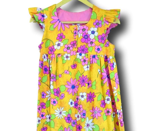 Yellow vintage sundress 1970s Hawaiian sundresses Vintage dresses orange hippy flower power dress maxi for women hippie style neon 70s party