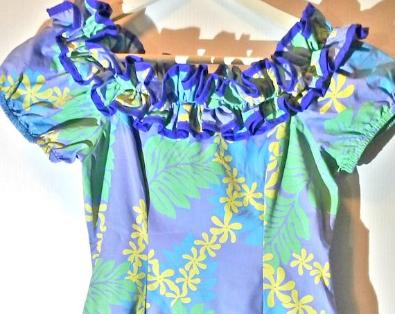 Off shoulder dress hawaiian print dress tiki party aloha tropical blue blue flower sundress floral beach wedding luau summer