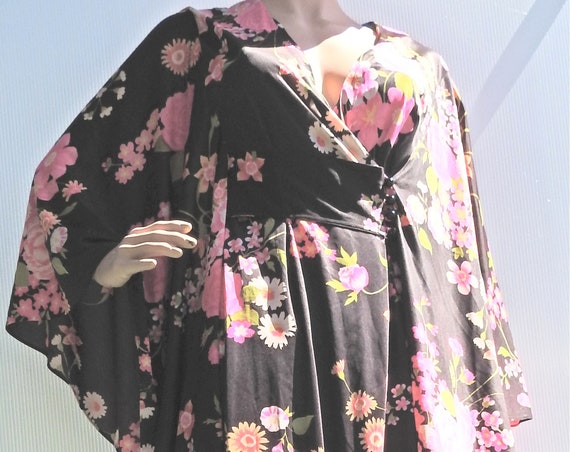 Vintage black kimono sleeve maxi dress with pink flowers.