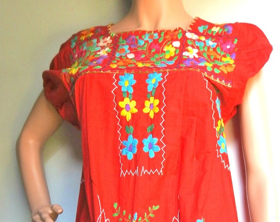 Red and floral cotton Mexican folk dress.
