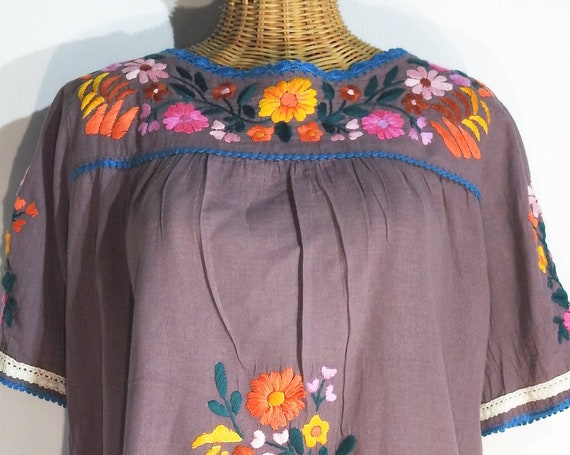 Cotton tunic dress with floral embroidery, boho clothing, french lilac purple, festival top bohemian romantic flared peasant