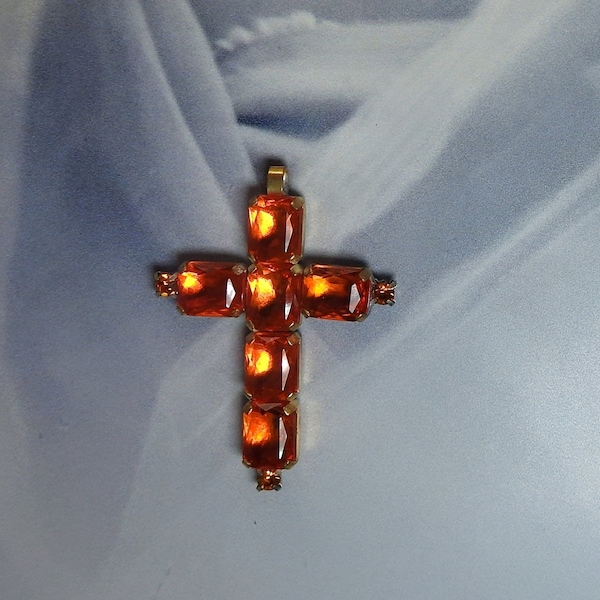 Orange glass pendant for necklace diy, catholic roman cross jewelry, unique catholic jewelry, crystal glass cross ornament, baptism gifts