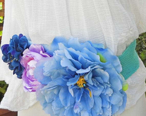 Bridal belt pink and blue artificials flowers
