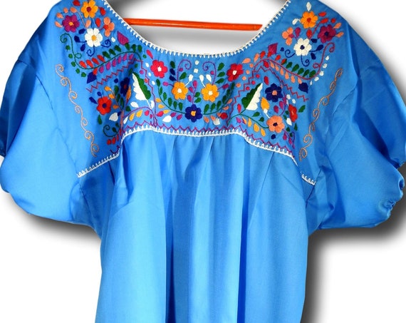 Plus size Mexican blouse bright blue floral embroidery plus summer top embroidered blouses xxl peasant boho style fashion