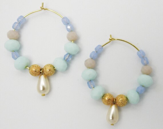 Pastel blue beaded hoop earrings
