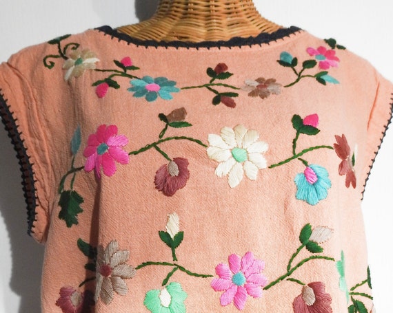 Handmade summer festival top salmon pink with embroidered flower, clothing pale sleeveless blouse boho shirt embroidery party bohemian