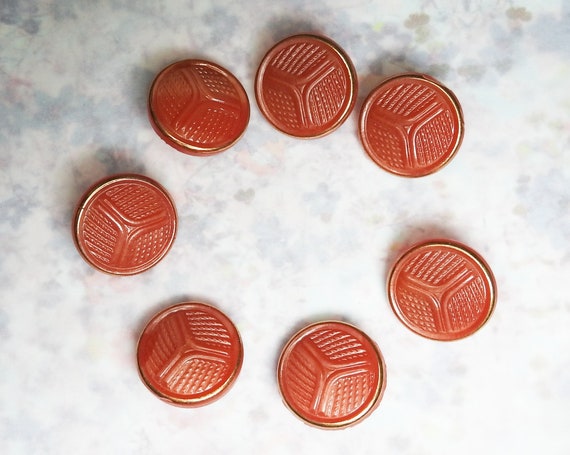7 vintage red buttons for sewing on blouse and shirt, making jewelry, crafts and knitting, made from molded Czech glass, gifts for sewers