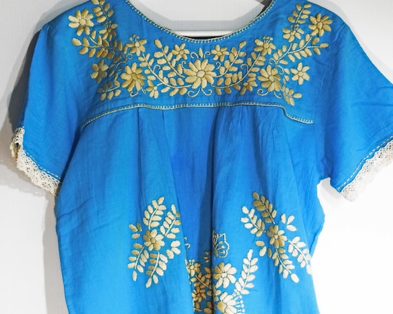 Blue Mexican embroidered blouse with Floral embroidery