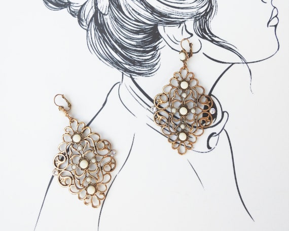 Boho statement earrings for women with gold tone filigree