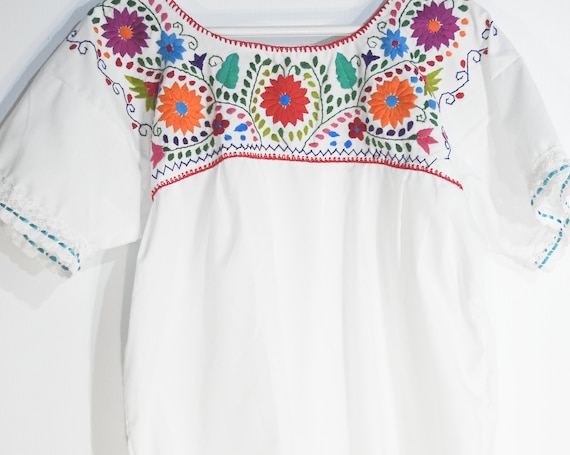 Embroidered blouse festival clothing white Mexican peasant embroidered flower Bohemian top shirt boho womens fashion XL
