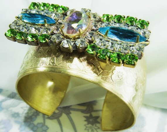 Stylish crystal wide cuff bracelet, unique bow bracelet, Gold color, blue and green rhinestone bracelet