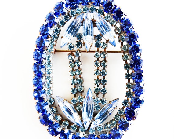 Blue rhinestone statement pin, Unique brooches and pins, bijoux MG vintage costume Jewelry design, wife birthday gift, designer jewellery