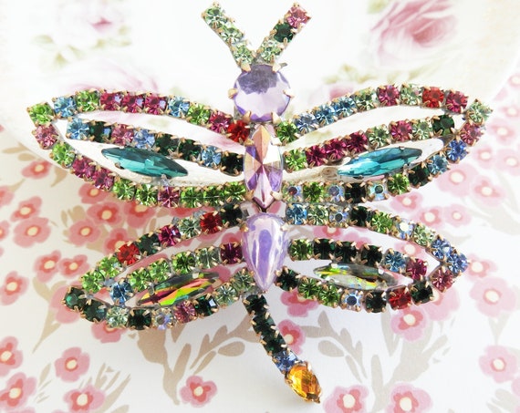 Vintage rhinestone dragonfly brooch pin,
