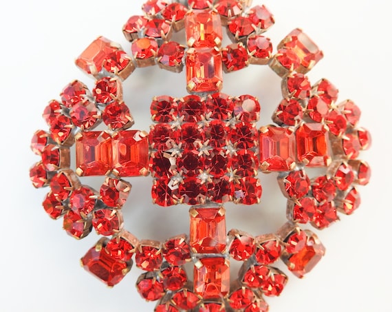 Red statement jewelry broach with antique czech crystal