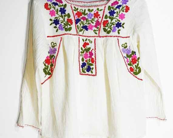 Embroidered Mexican blouse with flowers long sleeve hipster bohemian chic cotton embroidered tops for ladies floral peasant top embroidery