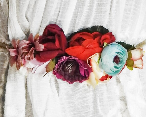Festival belt, boho belts for women, Jute rope, red silk flowers, Floral belt, Handmade Flower Romantic Flower sash Red floral sash