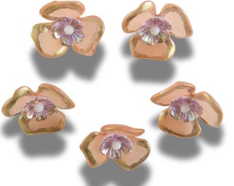 Set of 5 pastel flower buttons with shimmery finishes. Perfect for embellishing nude, beige, tan accessories, crafts, or DIY jewelry. 20 mm