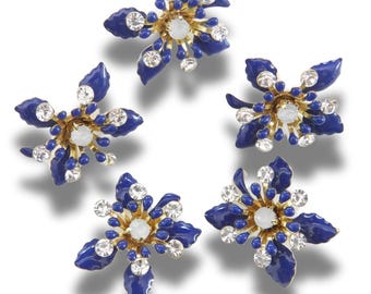 Navy blue flower buttons with rhinestones. Glossy metal finish, Set of 5, 20 mm, handmade, with shank back—perfect for sewing and decorating