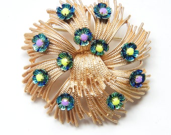 Stunning Blue Flower Statement Brooch – Vintage Inspired Gold-Tone Large Glam Floral Jewelry Pin - Lovely Clutch decoration or Belt Detail