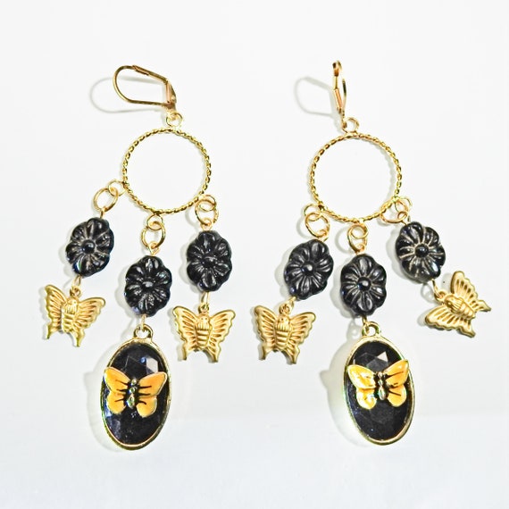 Boho style black long butterfly earrings