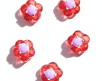 Set of 5 Small Red Buttons, Flower Shaped - Tiny Purple Rhinestone Center and with a Shank - For  handcrafting, sewing, tailoring projects