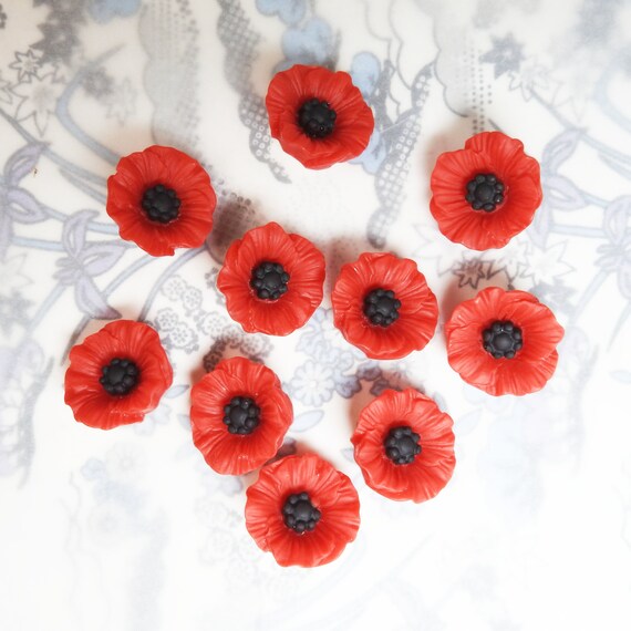10 red poppy flower buttons with shank for sewing on remembrance day ornament, Armistice Day costume, or a princess dress, made from resin