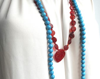 Bohemian Style Beaded Necklaces for Women - Set of 2 (Turquoise Blue and Garnet Red) - Boho-chic Accessories - Gift for women