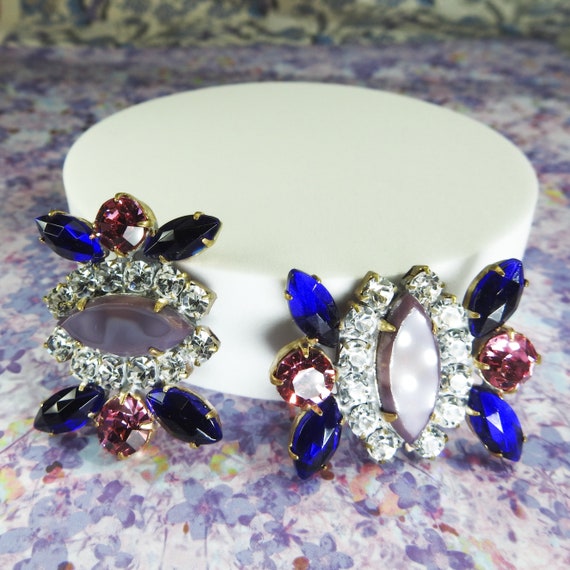 Large Czech glass shank buttons jewels for sewing with purple blue glowing crystal rhinestones for button bouquet designers & jewelry makers