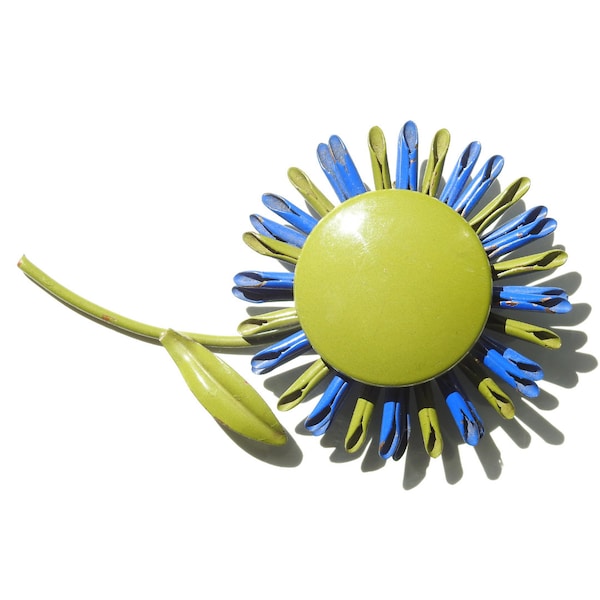 Vintage Mod 1960s Enamel Daisy Brooch - Royal Blue and Khaki Green Flower Pin, Gold-Toned Stem, Retro Mod Jewelry, Unique Gift for Her