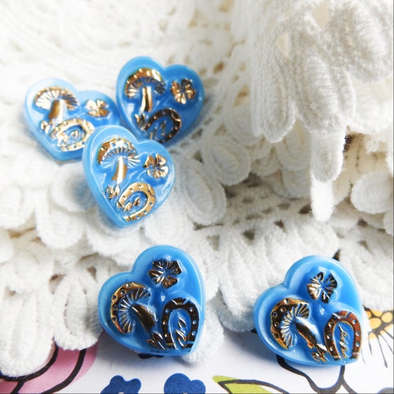 Blue glass buttons, heart cute sewing buttons lot, jewelry making, buttons for sale, czech garment buttons, heart shaped, buy buttons