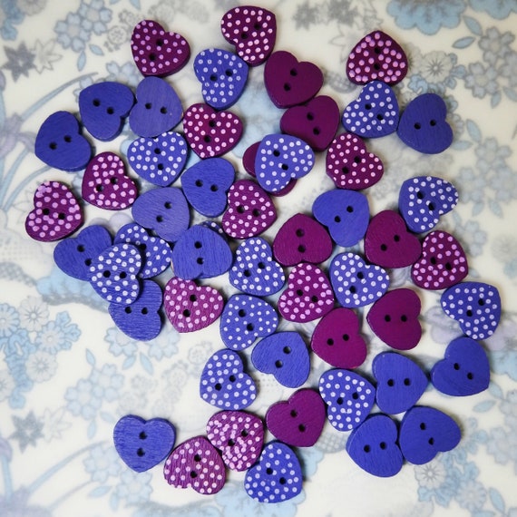 Wooden heart shaped buttons, dark purple buttons, decorative wooden craft buttons, cute wooden sewing buttons with 2 holes, 50 love buttons