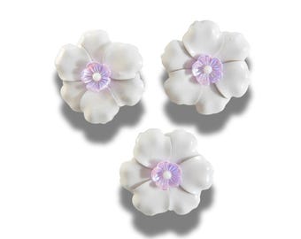 32 mm white flower shank buttons with a pink detail – For coats, crafts & bridal sewing. Handmade in Canada and vintage-inspired, set of 3
