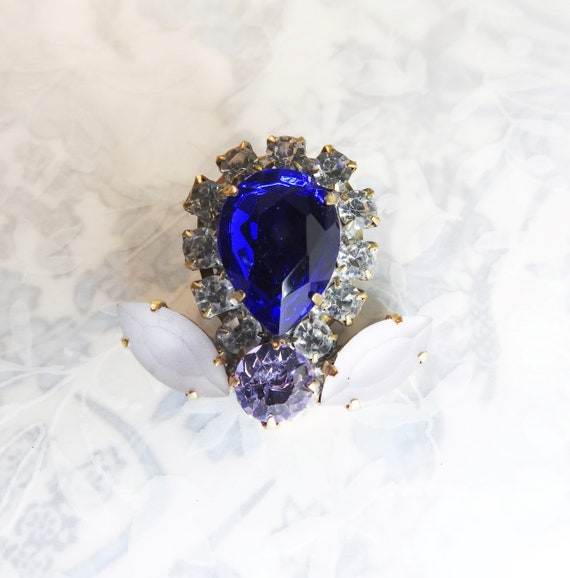 Blue rhinestone crystal glass button with shank, for sewing, fancy jewelry making and unique fanciful and creative OOAK fashion projects