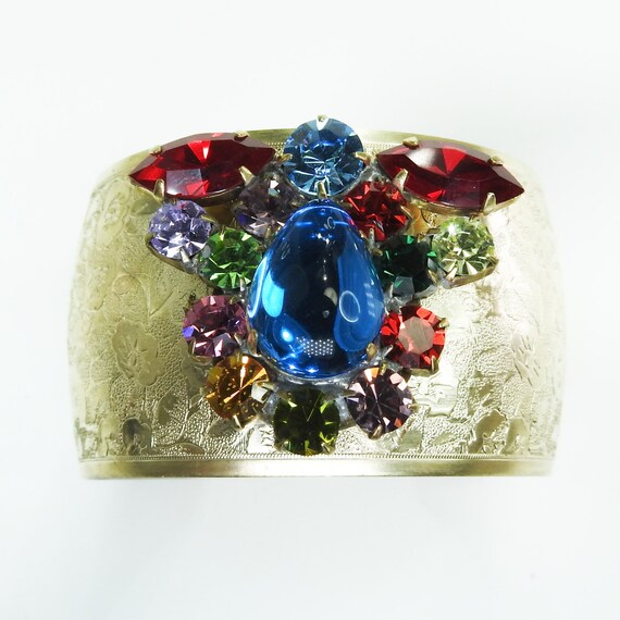 Wide large crystal rhinestone cuff brass bracelet