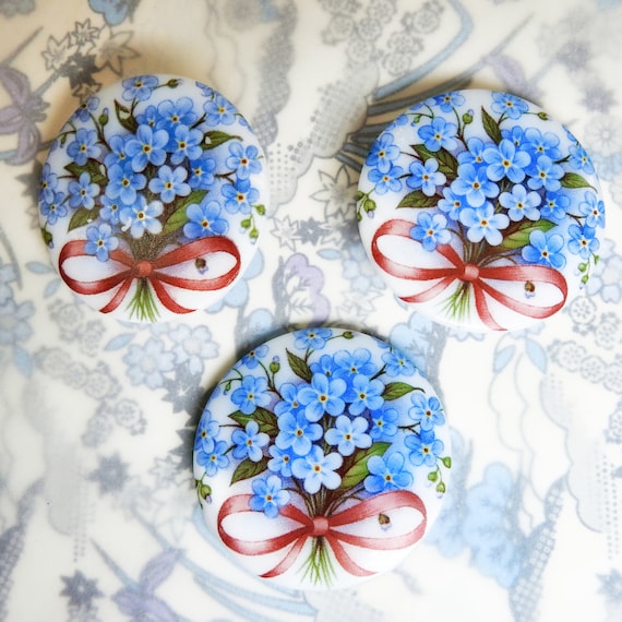 Huge buttons with Czech glass and blue flower bouquet on them, large novelty buttons, 3 big blue glass buttons, 40 mm shank back buttons