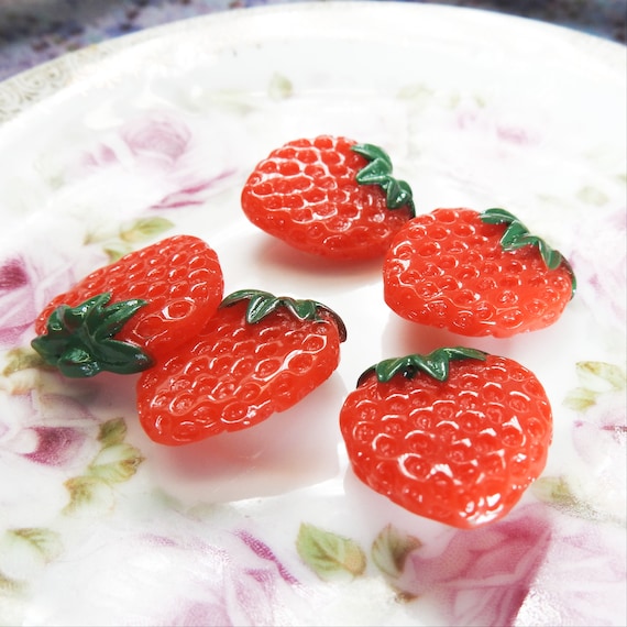 5 Decorative buttons strawberry shaped for novelty jewelry making and fun sewing on dress or embellishment, food resin embellishments sew on