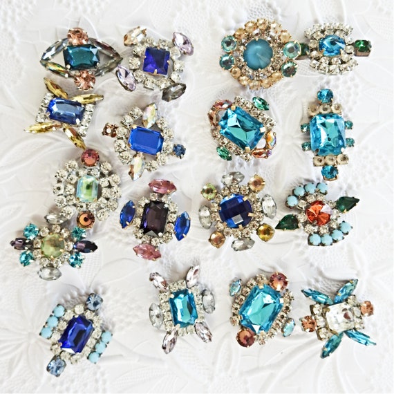 Vintage rhinestone buttons for sale, Czech glass buttons with rhinestones, blue embellishment collection gift for wife gifts for jewellers