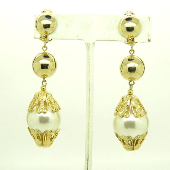 Large dangle pearl earrings clip on