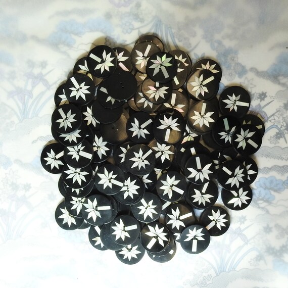 Black shell buttons, Lot of 50, with carved tropical palm tree, handmade by artisan, for sewing, boho style jewelry making or bohemian decor