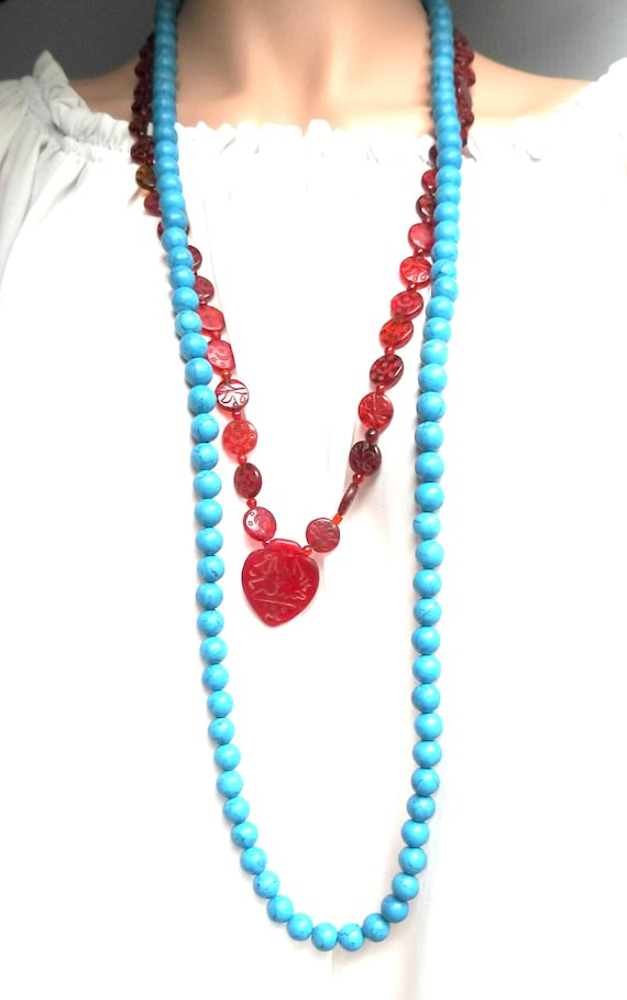 Ethno blue necklace Bohochic necklace Hippie necklaces Red Blue Beaded necklace Hippy necklace Turquoise color Hippy jewelry Hippie gift