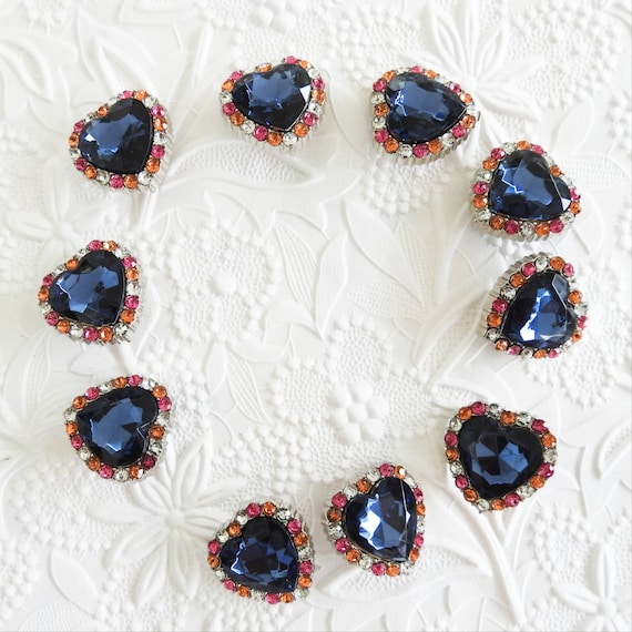 Blue heart buttons, big rhinestone buttons sewing, Navy heart shaped charm for sale, mom gifts for sewers, jewelry making, buy button